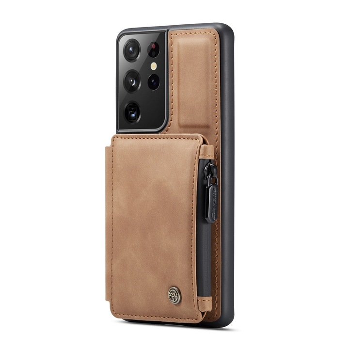 Калъф за Samsung Galaxy S21 Ultra, CaseMe, кожа с кадифена текстура, заден капак, слот за карта, джоб с цип, RFID защита, Кафяв