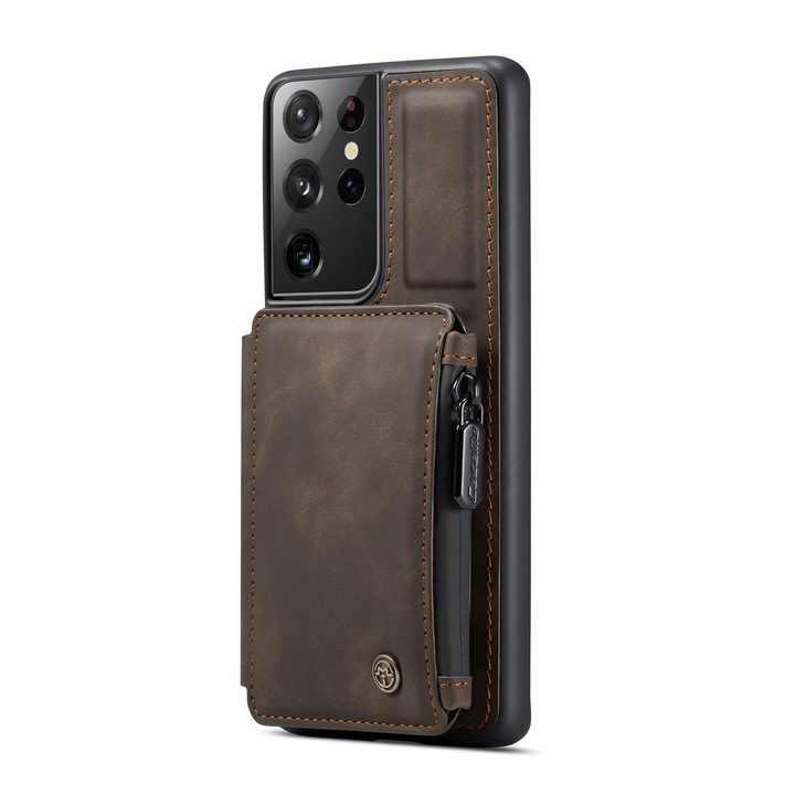 Калъф за Samsung Galaxy S21 Ultra, CaseMe, кожа с кадифена текстура, заден капак, слот за карта, джоб с цип, RFID защита, кафяво кафе