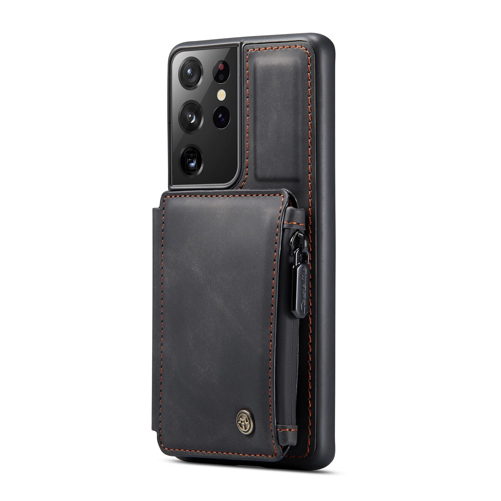 Husa pentru Samsung Galaxy S21 Ultra, CaseMe, piele cu textura catifelata, back cover, slot carduri, buzunar cu fermoar, protectie RFID, Negru