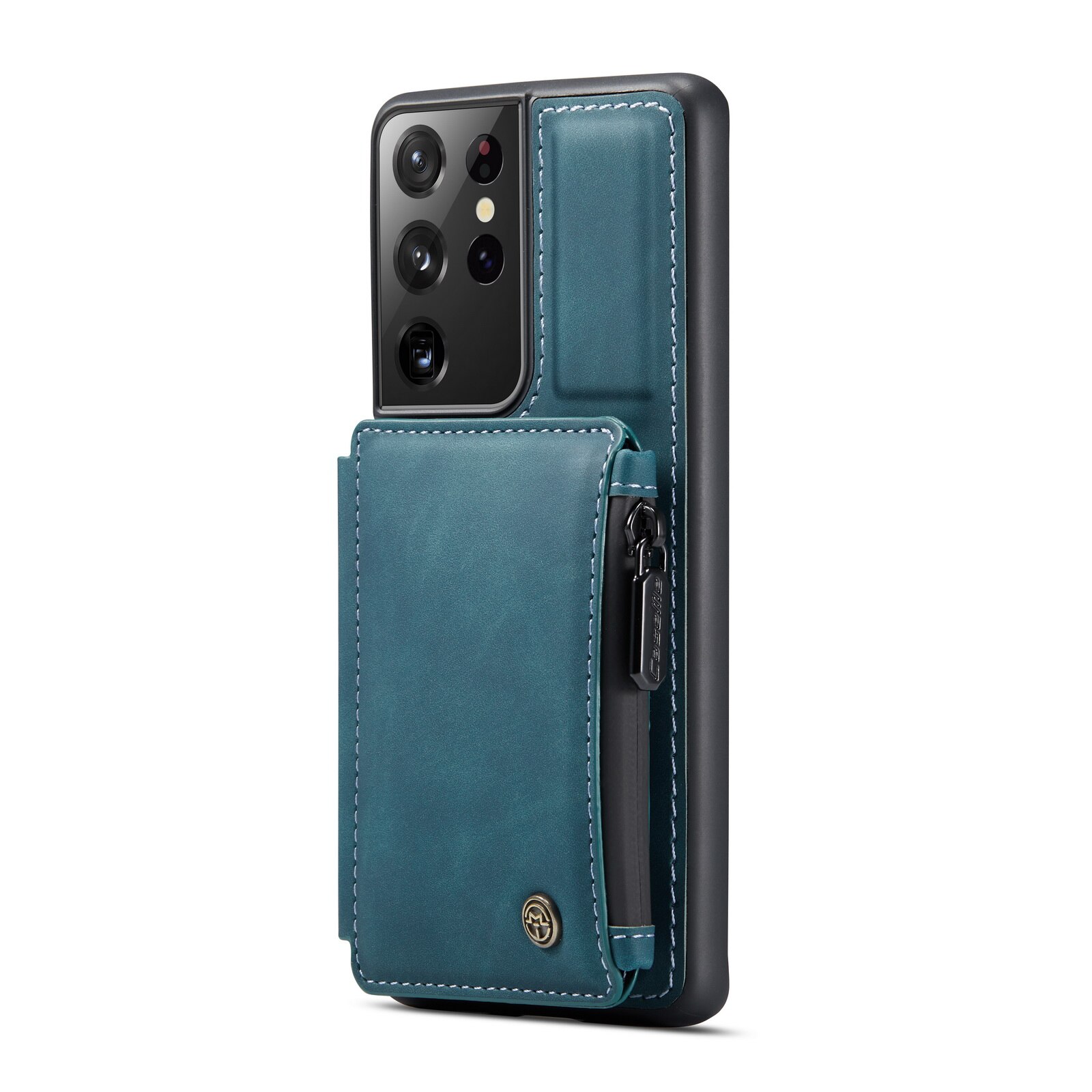 Husa pentru Samsung Galaxy S21 Ultra, CaseMe, piele cu textura catifelata, back cover, slot carduri, buzunar cu fermoar, protectie RFID, Albastru verzui