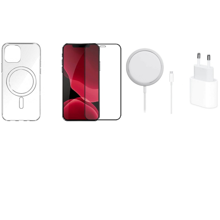 Комплект зарядно устройство Apple 20W, прозрачен калъф, съвместим с iPhone 12/12Pro с безжично зареждане, Wireles зареждане, кабел за зареждане MagSafe, съвместим с iPhone 12/12 Pro, защитно стъклено фолио за iPhone 12/12 Pro