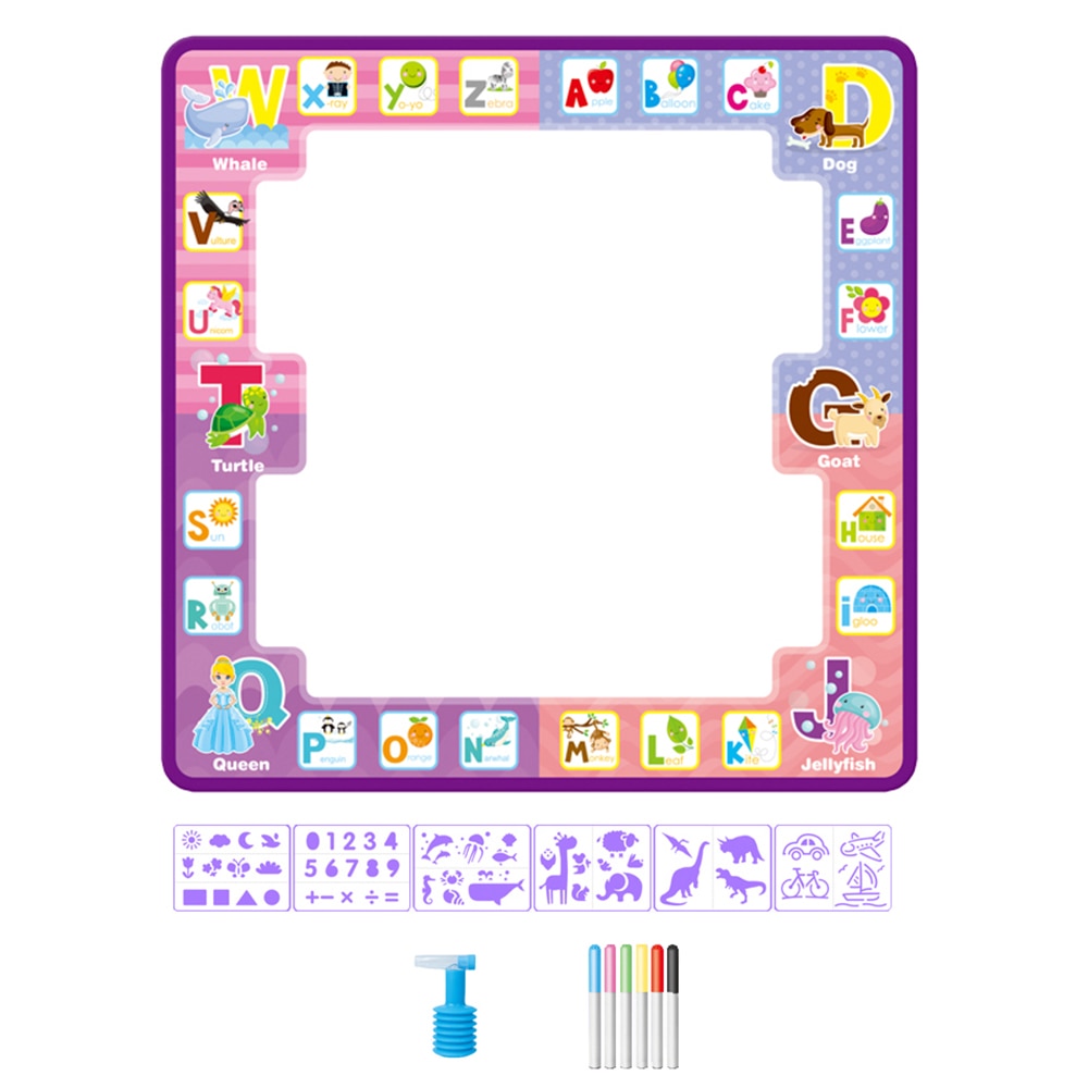 Set pentru desen, Covoras Magic Lavabil 2 in 1, 6 Carioci cu Pulverizator Apa, 6 Sabloane