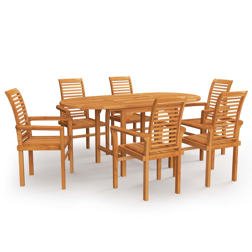 Set mobilier de gradina cu 7 piese din lemn masiv de tec cu masa ovala, vidaXL, Lemn, (110-160) x 80 x 75 cm, Maro