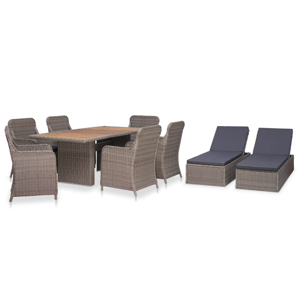 Set mobilier de gradina din 9 piese cu perne gri, vidaXL, Poliratan, 200 x 100 x 74 cm, Maro