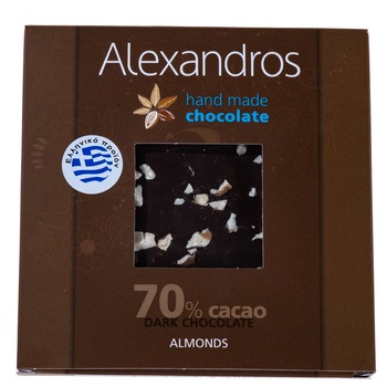 Ciocolata artizanala neagra cu migdale, Alexandros, 70% cacao, amaruie, 90 g