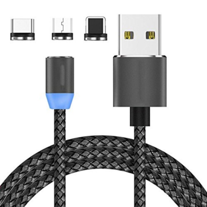 Магнитен кабел за зареждане с 3 изхода PlanetPhone, 3 в 1 USB-C, Micro-USB, Lightning, Алуминиеви метални конектори, Найлонов защитен капак, 5V, 2A, 100 см, Led, Черен