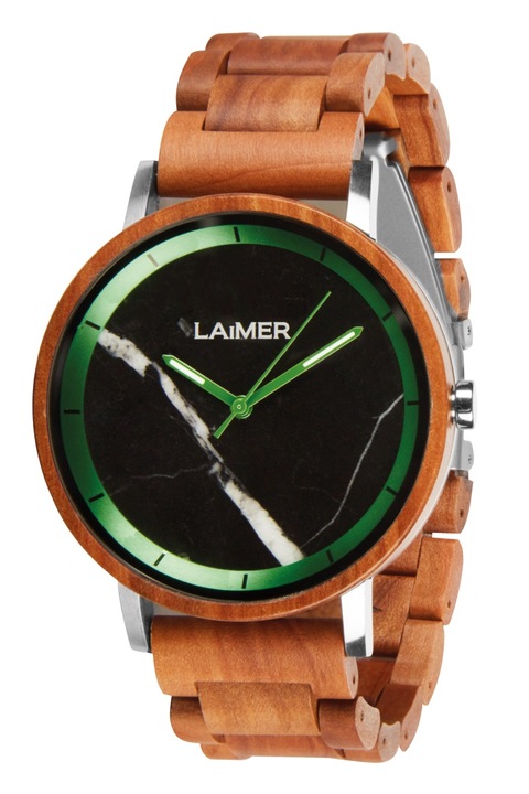 Ceas de dama, Laimer, Luca, Lemn si inox, 42 mm, Ace luminoase, Maro/Negru