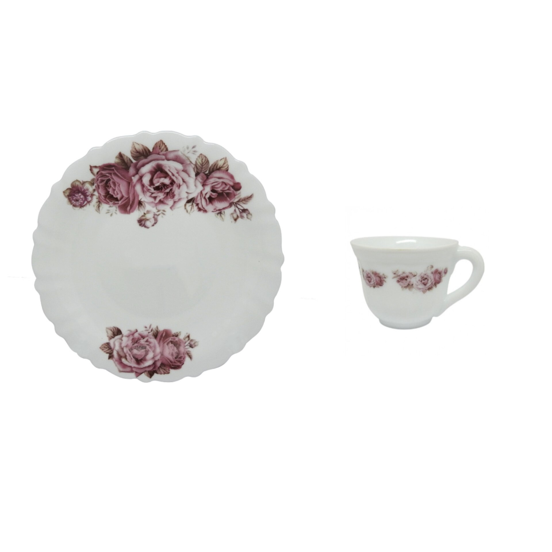 Set 6 farfurii albe cu model floral, opal,intinse mari 25cm + 6 cesti,opal,albe cu model floral 190ml