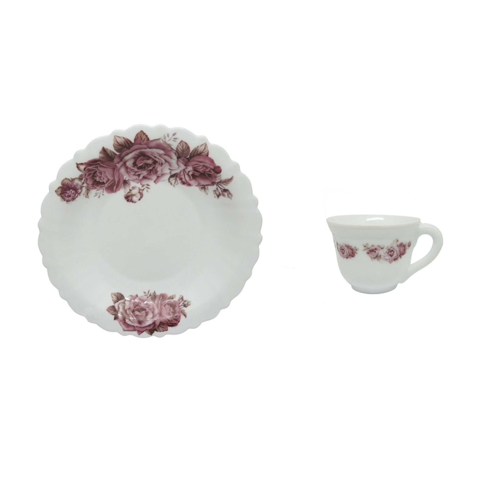 Set 6 farfurii adanci,albe cu model floral,opal, 22.5cm + 6 cesti albe cu model floral,opal,190ml