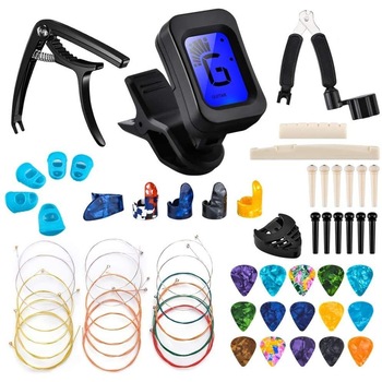 Set de accesorii pentru chitara 61 buc Incluzand Capodastru , Acordor , Pene ,Corzi pentru chitara, 5 protectii pentru degete de silicon Set de accesorii pentru chitara 61 buc Incluzand Capodastru , Acordor , Pene ,Corzi pentru chitara, 5 protectii pentru degete de silicon