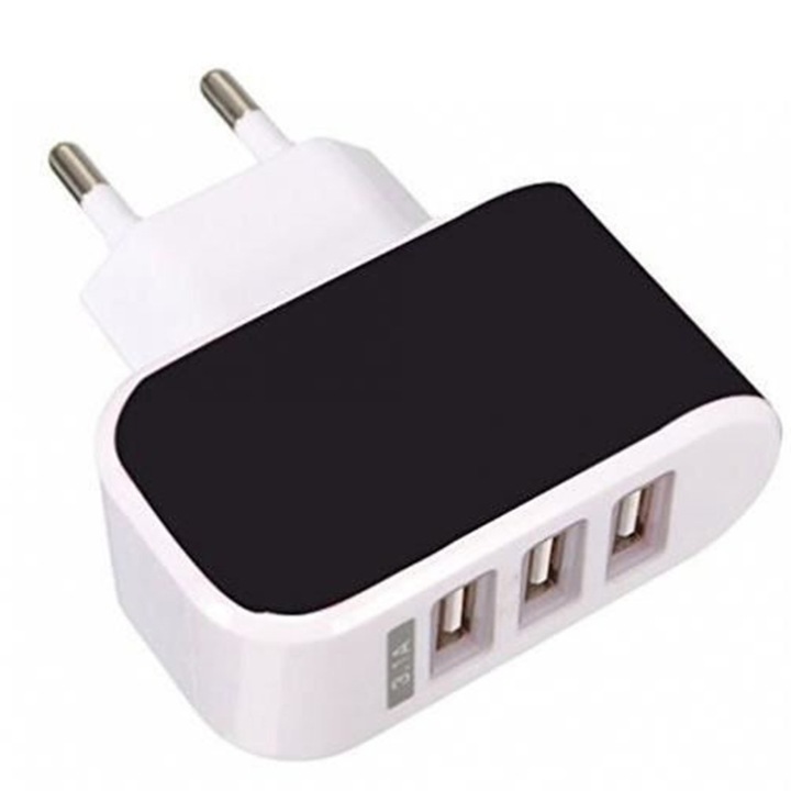 EU hálózati töltő, 3xUSB 3.1A, 110-240V/50-60Hz, 5V/3.1A Max, Túlmelegedés/túltöltés/rövidzár védelem, Műanyag, 2,3x5,6x6 cm, Fehér/Fekete