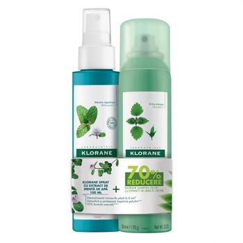 Pachet Klorane Spray detoxifiant cu extract de menta acvatica pentru par expus la poluare, 100 ml + Sampon uscat Klorane cu extract de urzica, 150 ml Pachet Klorane Spray detoxifiant cu extract de menta acvatica pentru par expus la poluare, 100 ml + Sampon uscat Klorane cu extract de urzica, 150 ml
