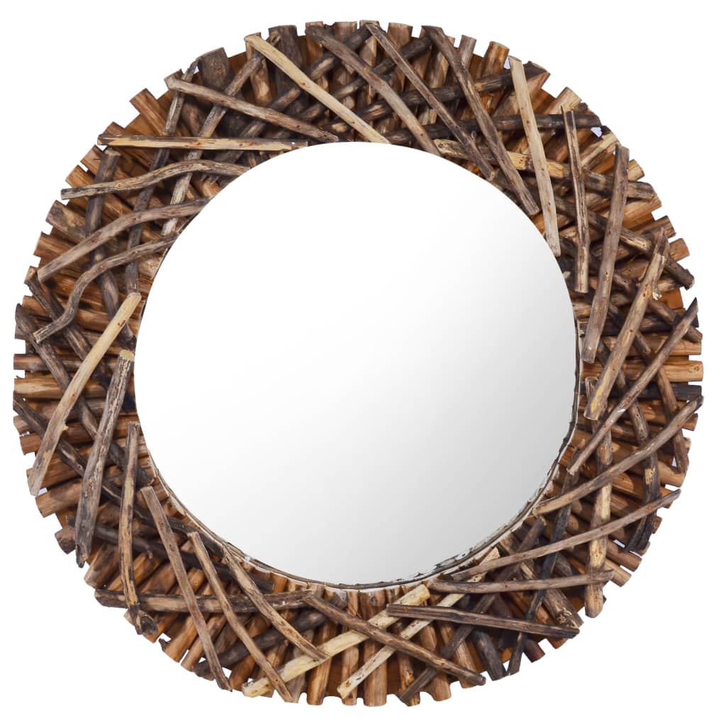 Oglinda de perete, vidaXL, Lemn de tec si sticla, Φ 60 cm, Maro
