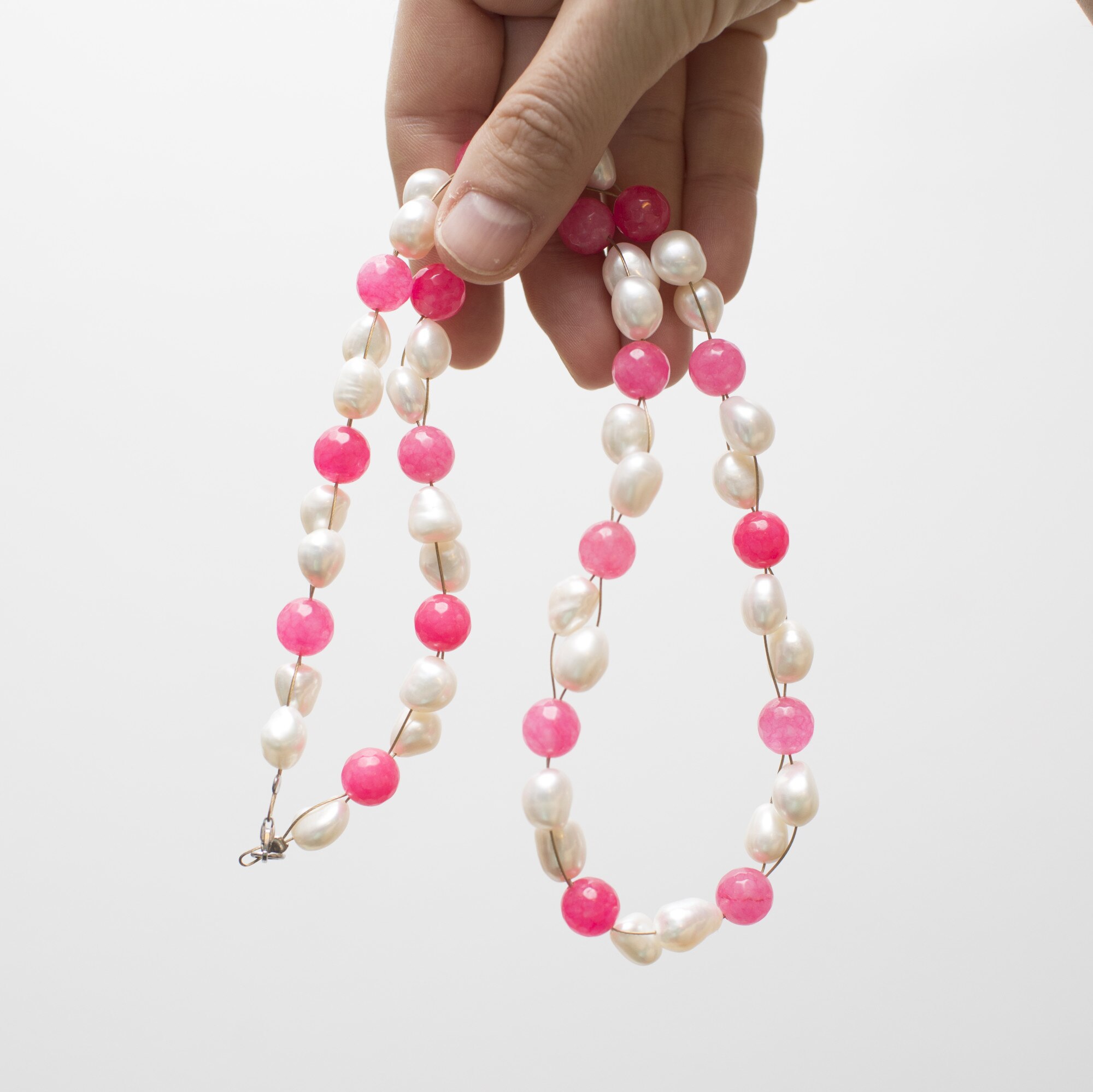 Colier agat roz colorat, perle albe - eMAG.ro