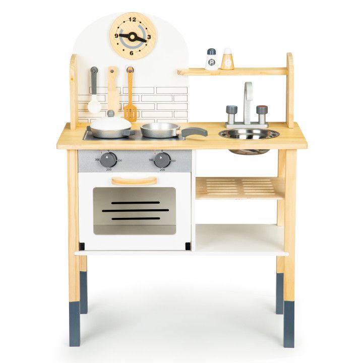 Bucatarie pentru Copii, KinderVibe, din Lemn Natural, Calitate Premium, Include Cuptor, Ceas, Chiuveta, Rafturi, Accesorii pentru Gatit, 79 cm Inaltime, Alb/Gri