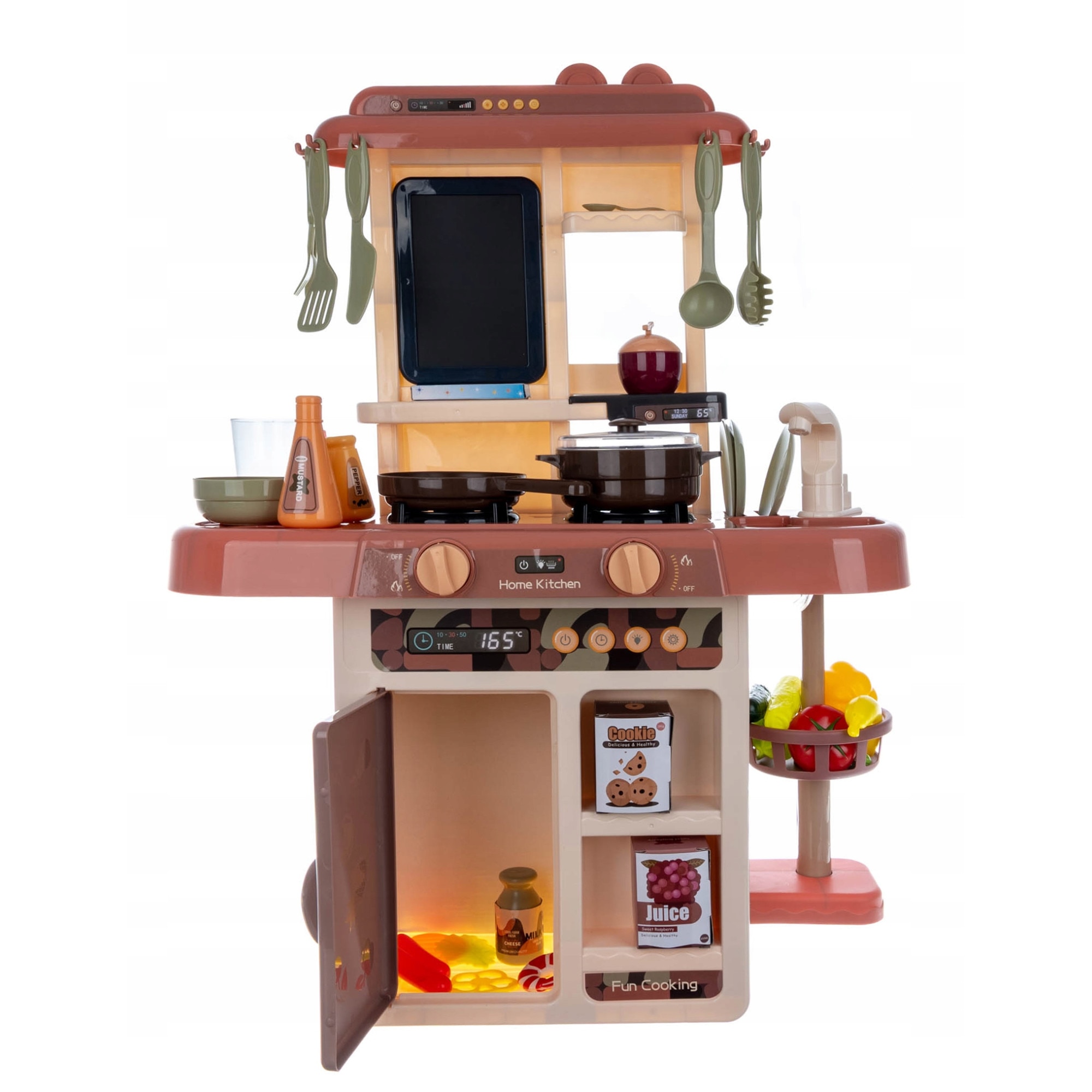 Bucatarie Multifunctionala pentru Copii, 42 Accesorii Incluse, Chiuveta cu Apa la Robinet, Tablita de Scris cu Creta, Generator de Abur Rece, Sunete de Gatit si Arzatoare cu Iluminare, 63 cm Inaltime, Maro/Bej