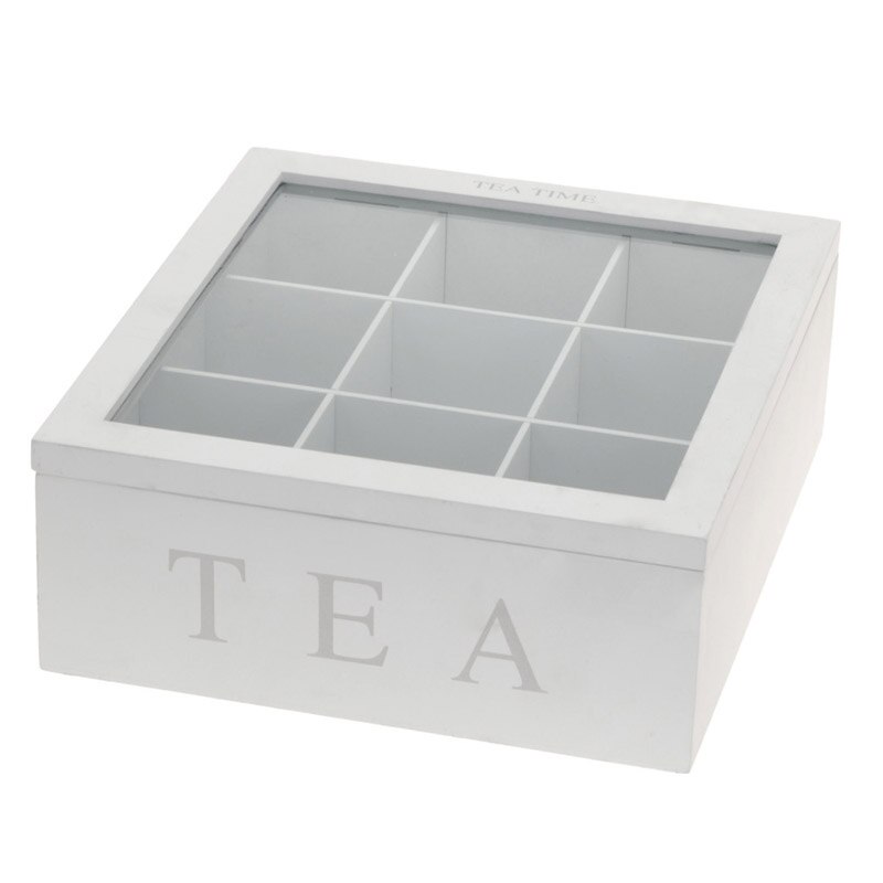 Cutie ceai, 9 compartimente, din MDF, culoare alba, 23x23x9 cm