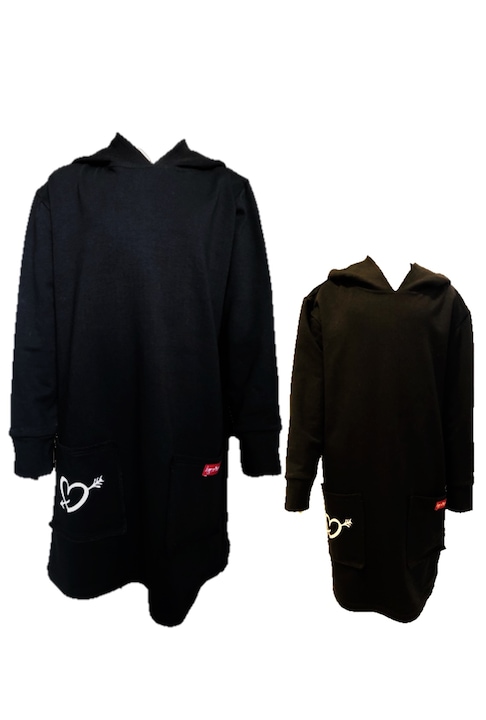 Set Verona mama-fiica, rochite tip hanorac cu imprimeu fata-spate pentru femei & fete, Bumbac, Negru, marimi S & 3-4 ani (98-104cm)