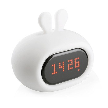 Lampa de veghe portabila, cu ceas animat, iluminare 9 culori, incarcare USB, din silicon PBA-free, Iepuras Lampa de veghe portabila, cu ceas animat, iluminare 9 culori, incarcare USB, din silicon PBA-free, Iepuras
