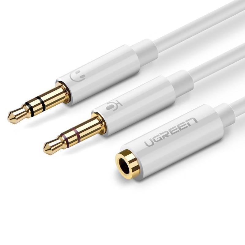 Splitter audio pentru casti si microfon UGREEN, mama mini jack 3.5 mm la 2x tata mini jack 3.5 mm, 28cm, Alb