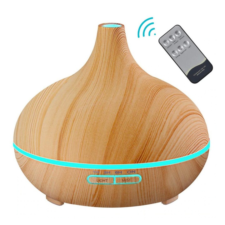 Aromaterápiás diffúzor ultrahanggal, Párásító LED-del és távirányítóval, nyitott tölgy 500 ml