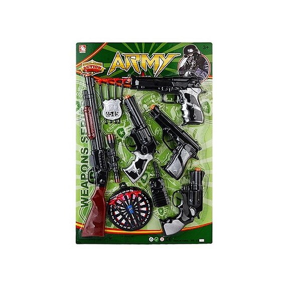 Set Arme de jucarie , Pusca mare , pistoale,tinta,11 piese,47x39 cm
