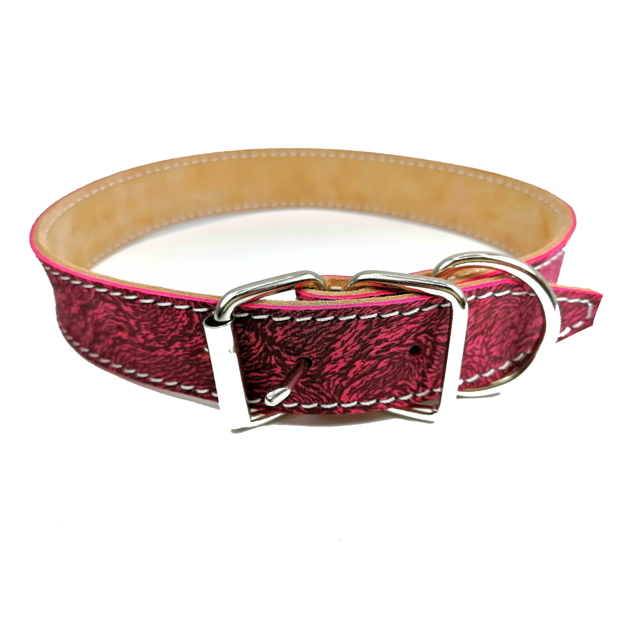 Zgarda din piele naturala 35 mm x 75 cm buffo roz