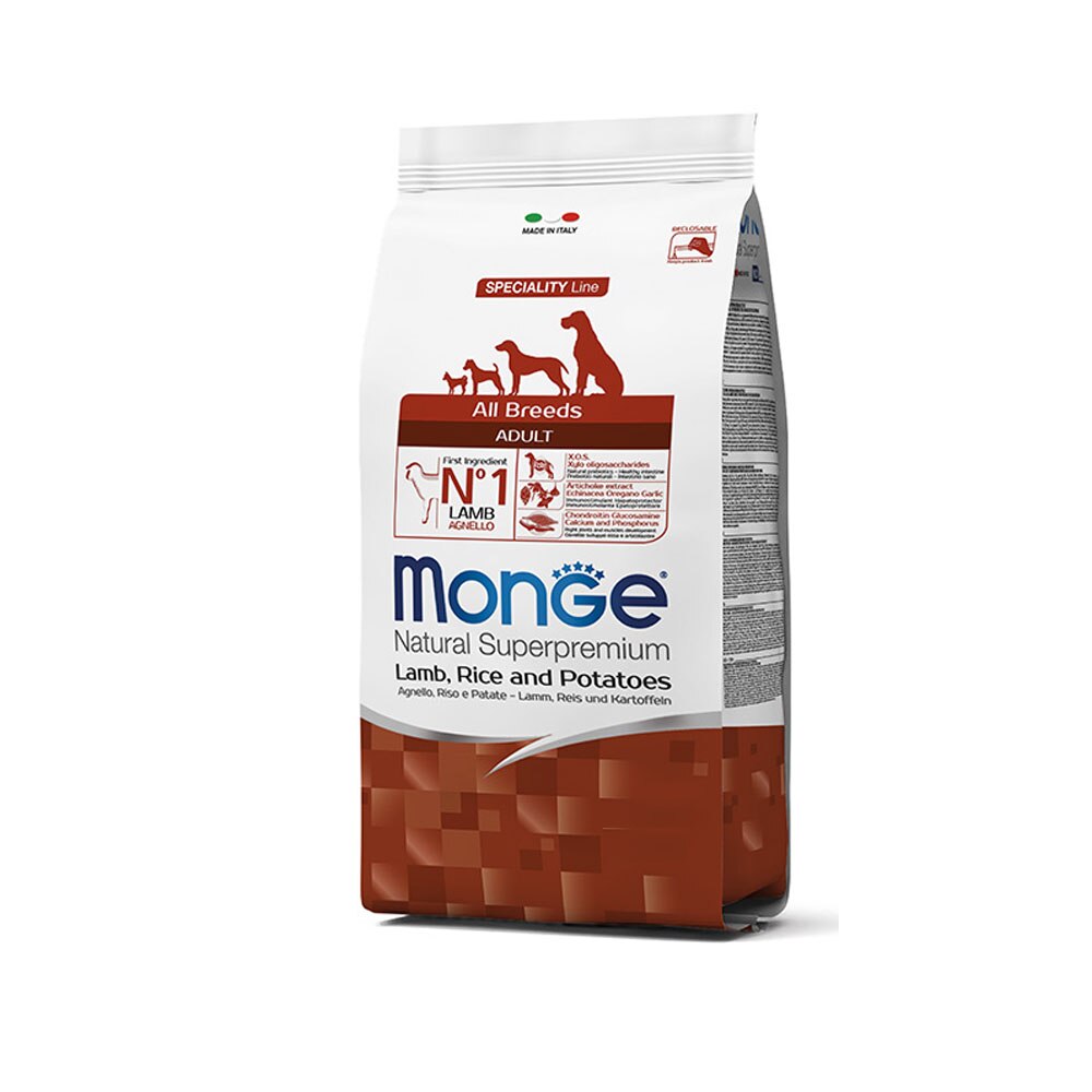 Hrana uscata pentru caini Monge Natural Superpremium Adult, Miel, Orez si Cartofi, 12 kg