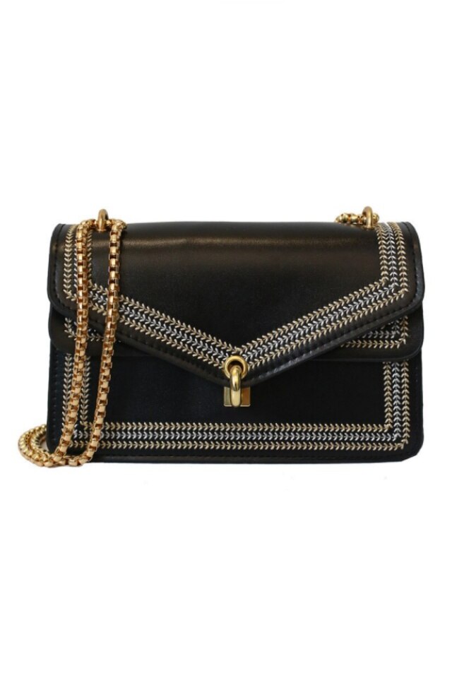 Geanta de dama Roxette neagra din piele ecologica cu broderie, 21 x 14 x 7 cm