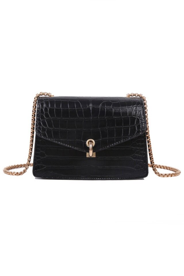 Geanta de dama Grace neagra din piele ecologica tip piele de crocodil, 19 x 15 x 8 cm