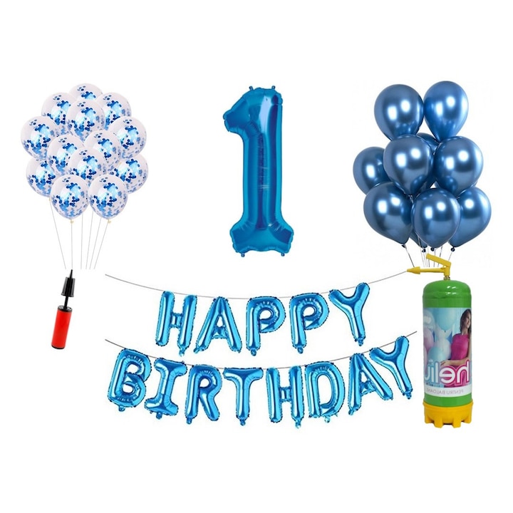 Set baloane, 36 elemente, Happy Birthday aniversare 1 an, cifra folie 101 cm, albastru + Butelie de heliu
