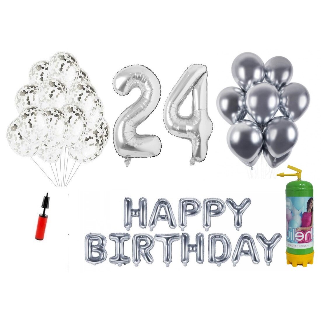 police Enumerate football Set 37 baloane, Happy Birthday aniversare 24 ani, cifre folie 100 cm,  argintiu + Butelie de heliu - eMAG.ro