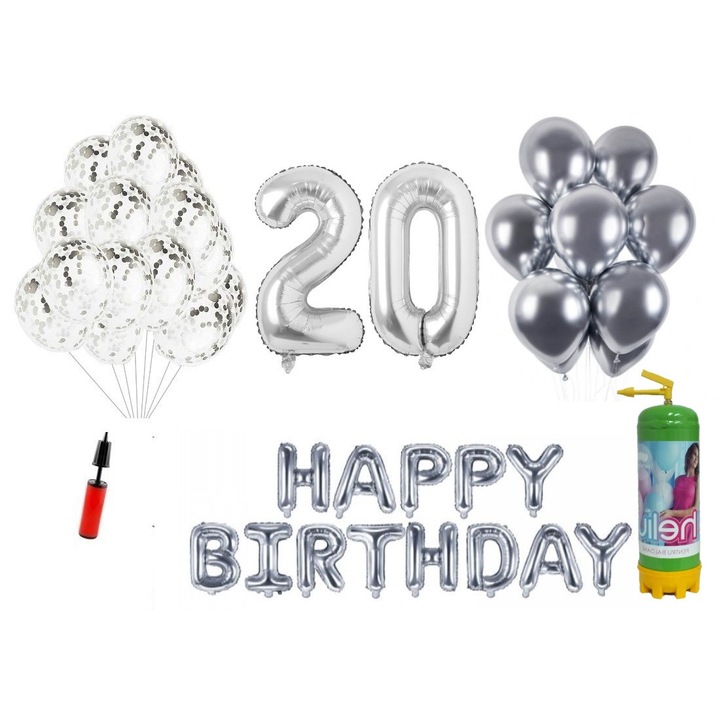 Set 37 baloane, Happy Birthday aniversare 20 ani, cifre folie 100 cm, argintiu + Butelie de heliu