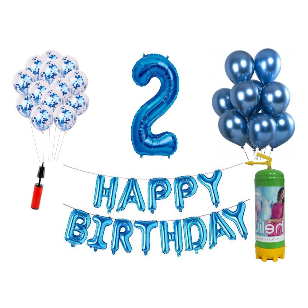 volunteer Skim translator Set 36 baloane, Happy Birthday aniversare 2 ani, cifra folie 100 cm,  albastru + Butelie de heliu - eMAG.ro