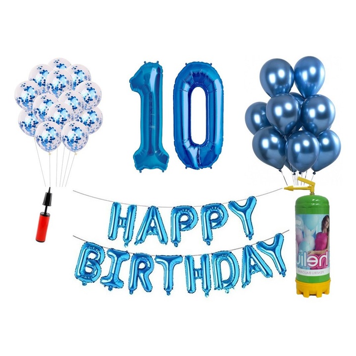 Set 37 baloane, Happy Birthday aniversare 10 ani, cifre folie 100 cm, albastru + Butelie de heliu