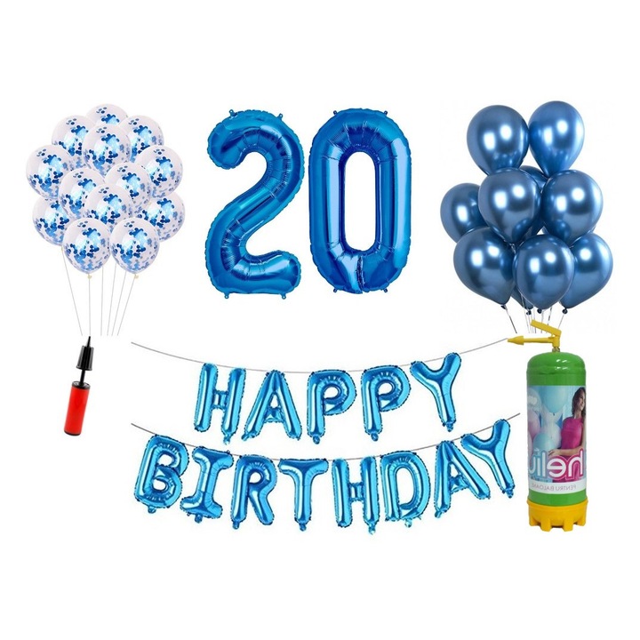 Set 37 baloane, Happy Birthday aniversare 20 ani, cifre folie 100 cm, albastru + Butelie de heliu