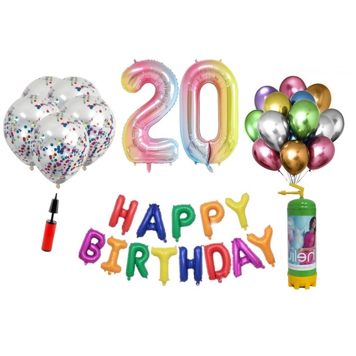 Set 37 baloane, Happy Birthday aniversare 20 ani, cifre folie 100 cm, curcubeu + Butelie de heliu