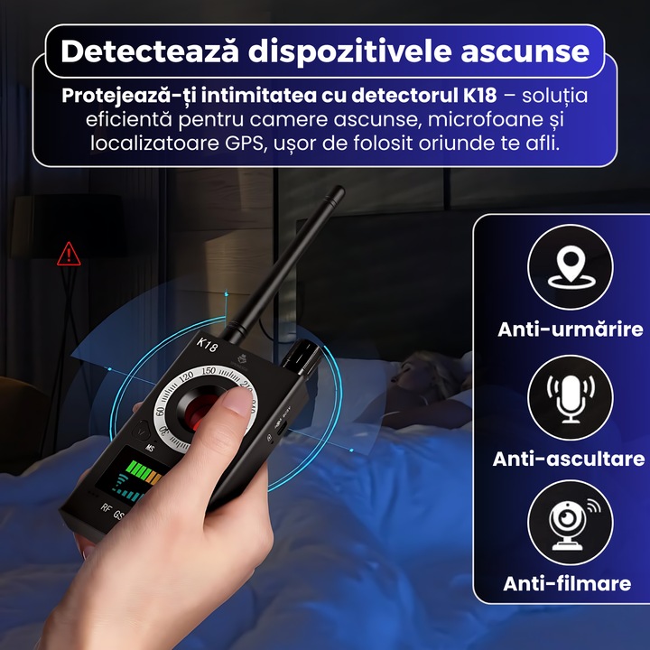 Detector dispozitive spionaj K18, Spionescu, camere ascunse, microfoane, localizatoare GPS, detectie RF 1MHz–6.5GHz, autonomie mare, sensibilitate reglabila, LED rosu, protectie intimitate