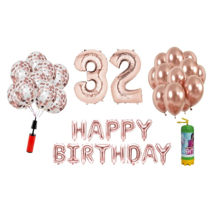 Set baloane, 37 elemente, Happy Birthday aniversare 32 ani, cifre folie 101 cm, rose gold + Butelie de heliu