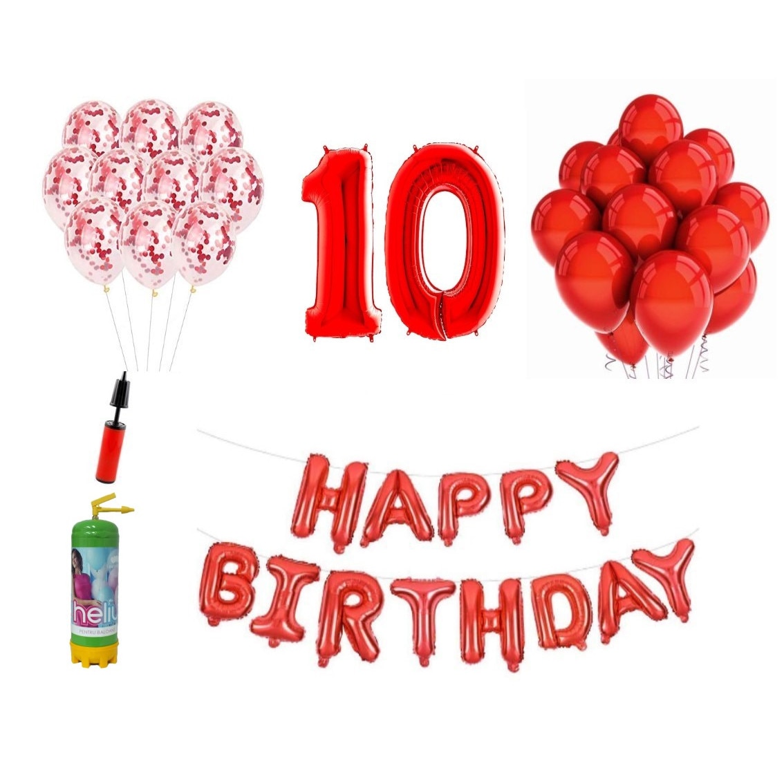 Bring smoke Stop by to know Set 37 baloane, Happy Birthday aniversare 10 ani, cifre folie 100 cm, rosu  + Butelie de heliu - eMAG.ro