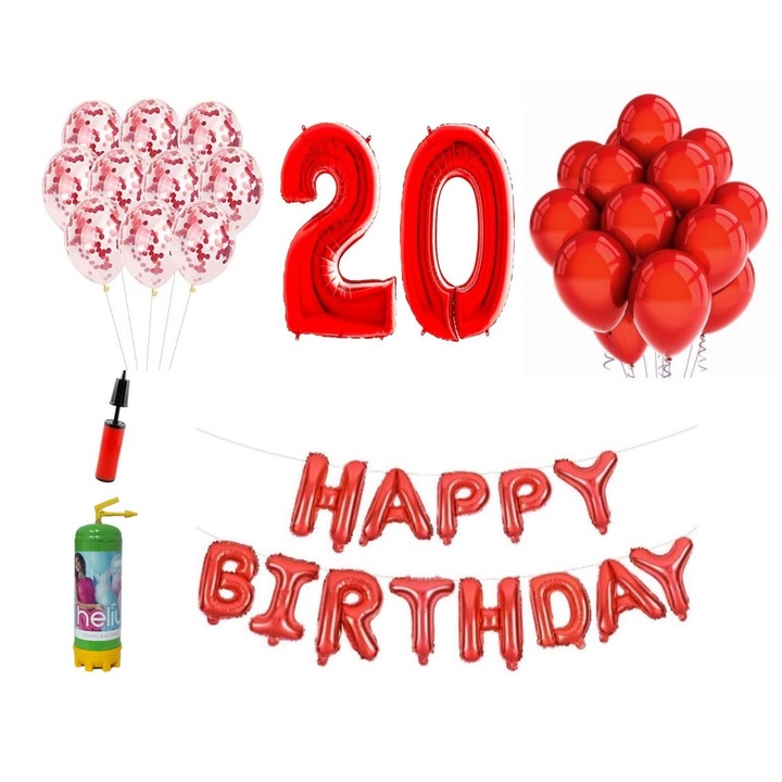 Set 37 baloane, Happy Birthday aniversare 20 ani, cifre folie 100 cm, rosu + Butelie de heliu