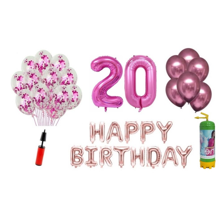 Set 37 baloane, Happy Birthday aniversare 20 ani, cifre folie 100 cm, roz + Butelie de heliu