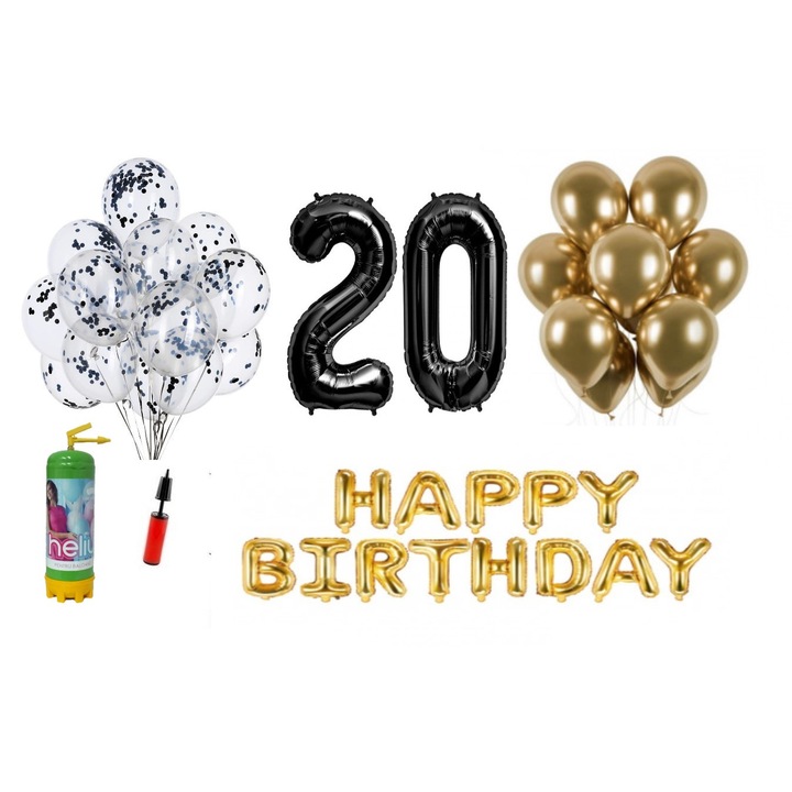 Set 37 baloane, Happy Birthday aniversare 20 ani, cifre folie 100 cm, negru + Butelie de heliu