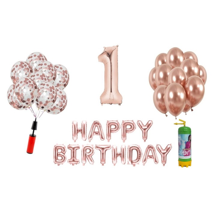 Set baloane, 36 elemente, Happy Birthday aniversare 1 an, cifra folie 101 cm, rose gold + Butelie de heliu