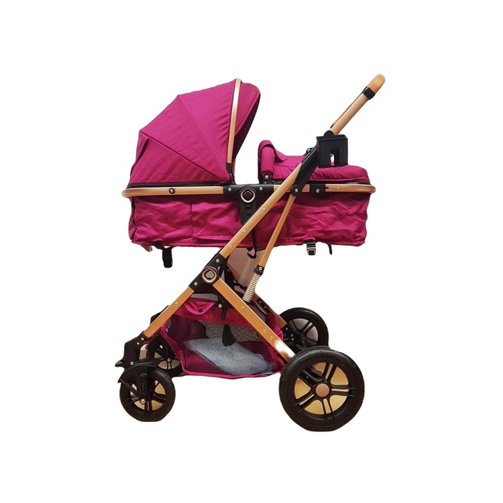 Carucior, 2 in 1, Cu landou Reversibil, Material anti-UV, Roata antieroziune,Suport Accesorii, Dubla Suspensie, Geanta pentru scutece, roz