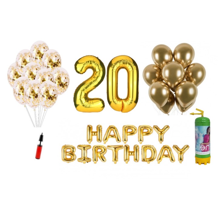 Set 37 baloane, Happy Birthday aniversare 20 ani, cifre folie 100 cm, auriu + Butelie de heliu