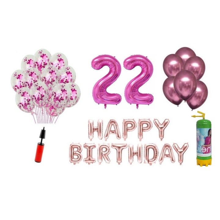 Set baloane, 37 elemente, Happy Birthday aniversare 22 ani, cifre folie 101 cm, roz + Butelie de heliu