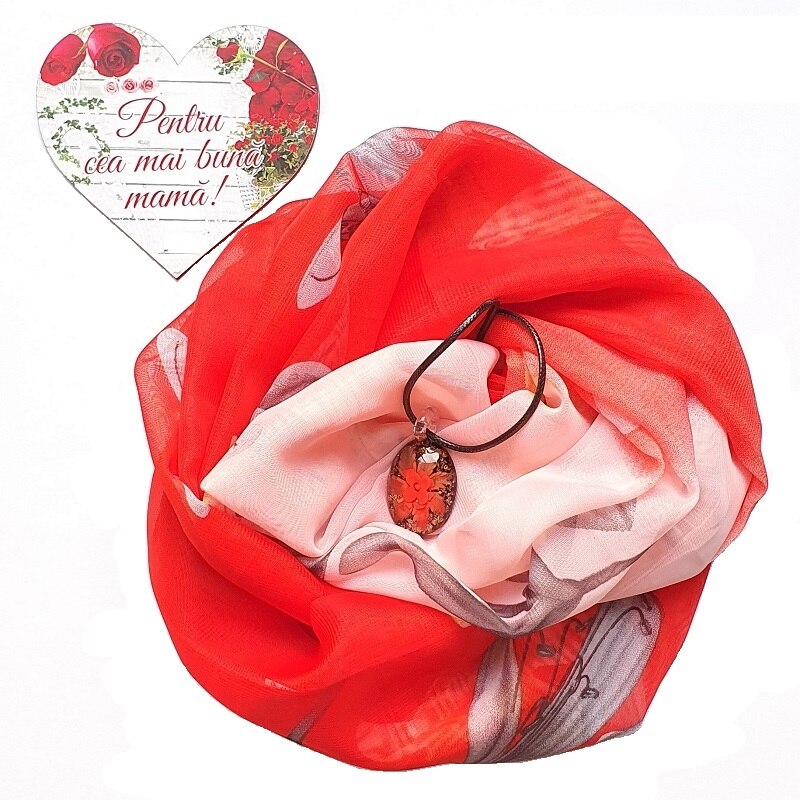 Set cadou personalizat, esarfa florala, colier si magnet cu mesaj pentru mama, culoare de baza rosu