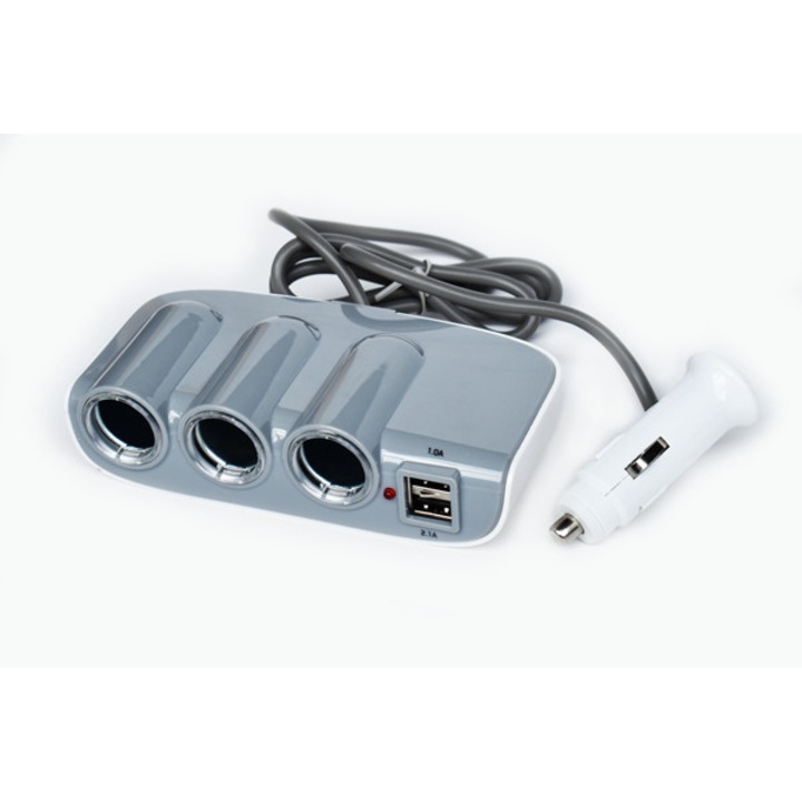 Három dugó 12 V, 2 usb 3.1 porttal, szürke