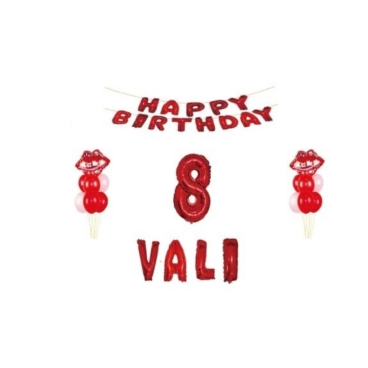 Piros boldog születésnapot lufi készlet, név, szám, léggömbök